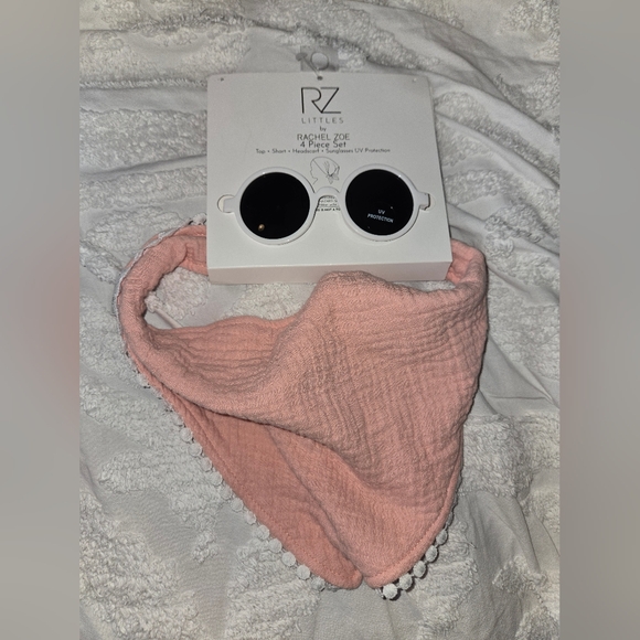 Rachel Zoe Pink Headscarf with White Pom Pom Trim And White Frame Sunglasses - Picture 1 of 5